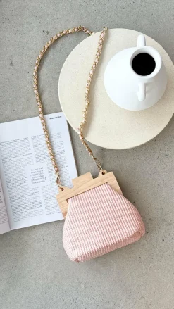 Abby Timber Frame Woven Mini Bag - Pale / Pink