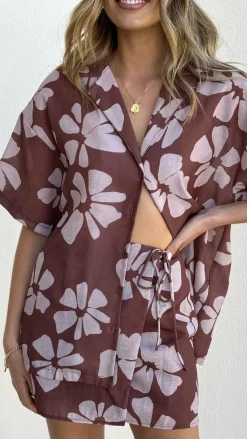 Abilene Button Up Shirt - Brown Daylillies