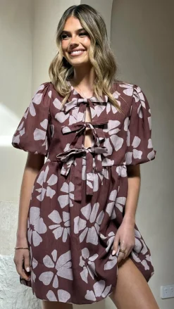 Arana Mini Dress - Brown Daylillies