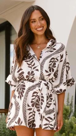 Aurelia Playsuit - Brown/White Print