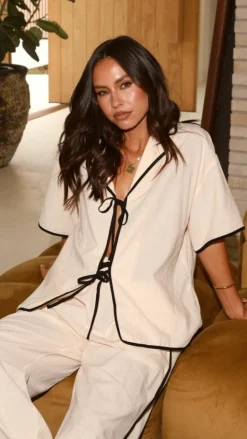 Basima Tie Shirt - Beige / Black