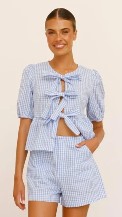 Belle Tie Front Shirt - Blue Check