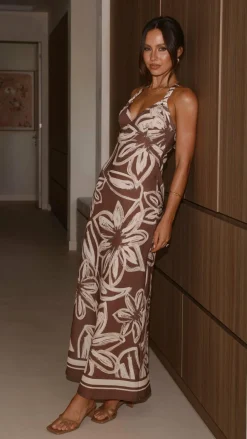 Briana Halter Maxi Dress - Chocolate Floral
