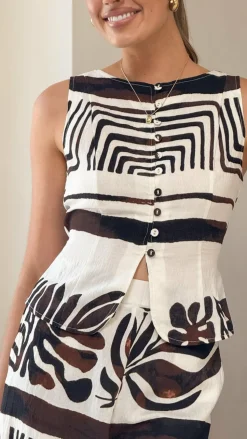 Briar Button Crop Top - Chocolate Abstract