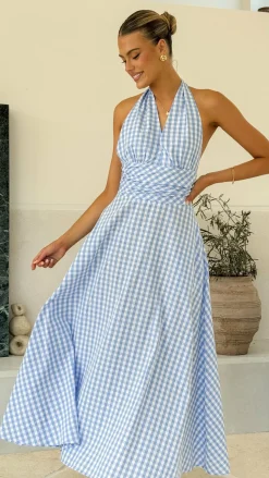Brydie Halter Maxi Dress - Gingham Light Blue
