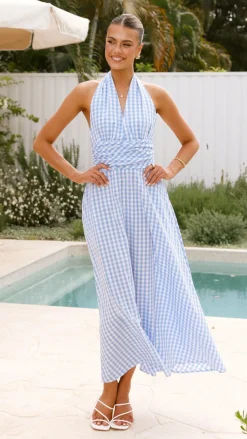 Brydie Halter Maxi Dress - Gingham Light Blue