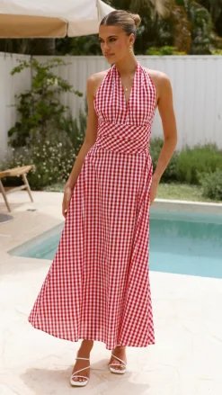 Brydie Halter Maxi Dress - Gingham Red