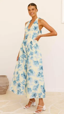 Bryony Halter Neck Maxi Dress - Yellow/Blue Floral