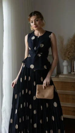 Cambree Peplum Top and Maxi Skirt Set - Black / Beige Polka Dot