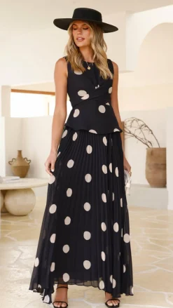 Cambree Peplum Top and Maxi Skirt Set - Black / Beige Polka Dot