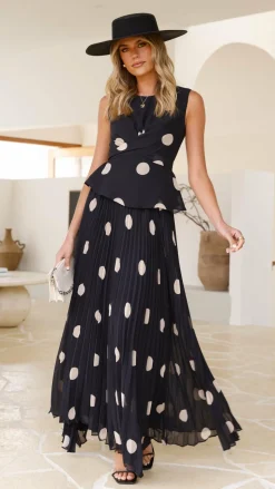 Cambree Peplum Top and Maxi Skirt Set - Black / Beige Polka Dot