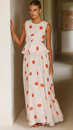 Cambree Peplum Top and Maxi Skirt Set - Beige / Red Polka Dot