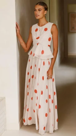 Cambree Peplum Top and Maxi Skirt Set - Beige / Red Polka Dot