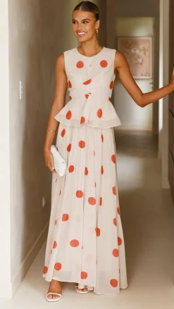 Cambree Peplum Top and Maxi Skirt Set - Beige / Red Polka Dot