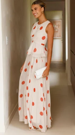 Cambree Peplum Top and Maxi Skirt Set - Beige / Red Polka Dot