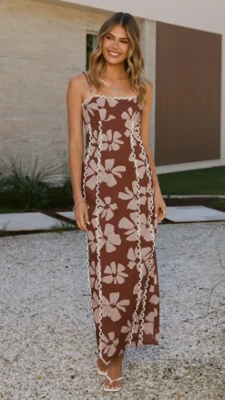 Carlia Midi Dress - Brown Daylillies