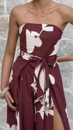 Carson Front Spilt Strapless Jumpsuit - Merlot Floral
