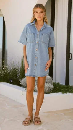 Chaney Button Up Mini Dress - Medium Denim