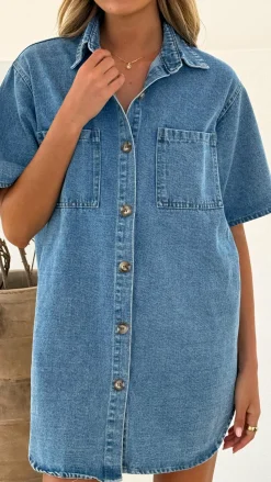Chaney Button Up Mini Dress - Medium Denim