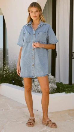 Chaney Button Up Mini Dress - Medium Denim