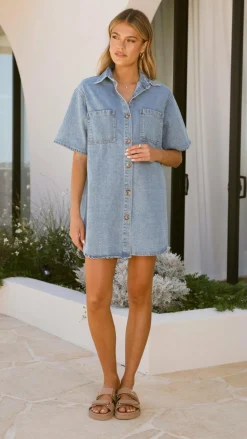 Chaney Button Up Mini Dress - Medium Denim