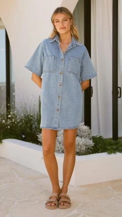 Chaney Button Up Mini Dress - Medium Denim