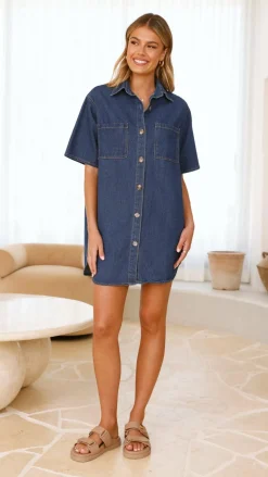 Chaney Button Up Mini Dress - Dark Denim