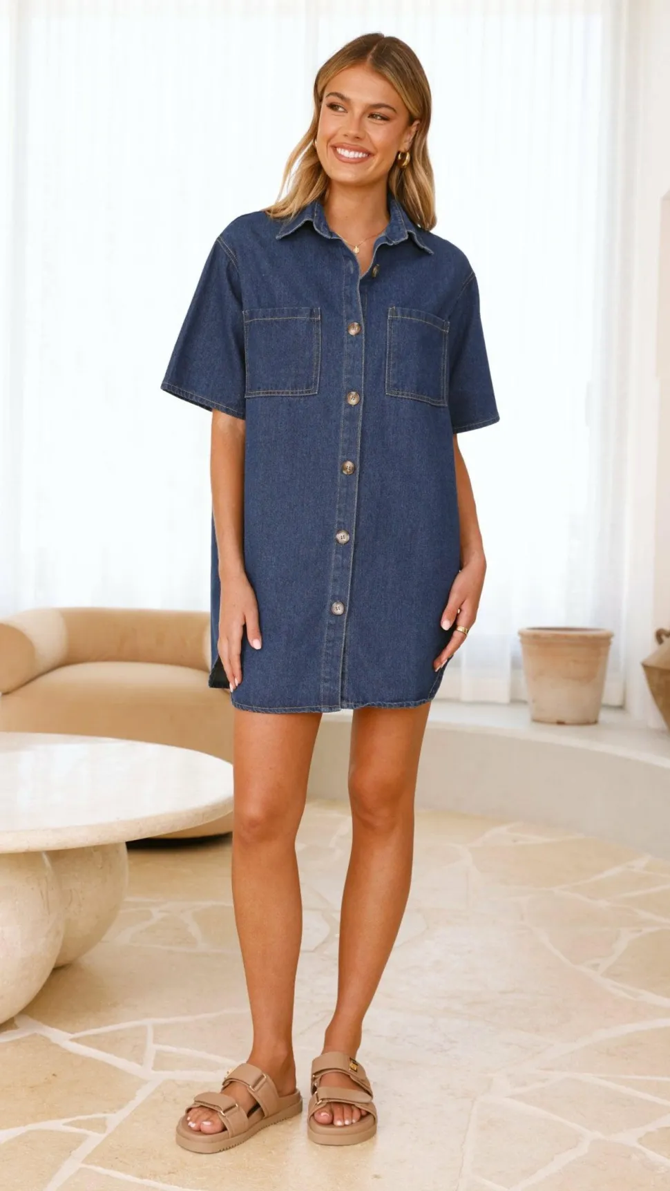Chaney Button Up Mini Dress - Dark Denim