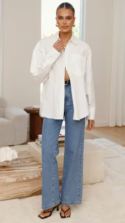 Charla Button Up Poplin Top - White