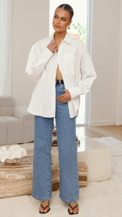 Charla Button Up Poplin Top - White