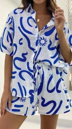 Charli Button Up Shirt and Shorts Set - White/Blue Swirl