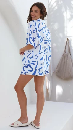 Charli Button Up Shirt and Shorts Set - White/Blue Swirl