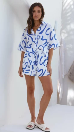 Charli Button Up Shirt and Shorts Set - White/Blue Swirl