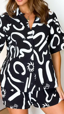 Charli Button Up Shirt and Shorts Set - Black/White