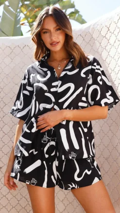 Charli Button Up Shirt and Shorts Set - Black/White