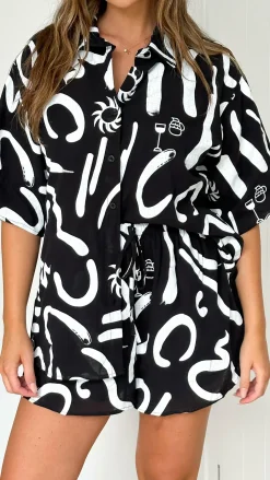 Charli Button Up Shirt and Shorts Set - Black/White