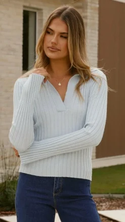 Corbin Collared Knit Top - Blue