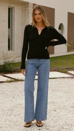 Corbin Collared Knit Top - Black