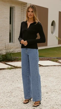 Corbin Collared Knit Top - Black