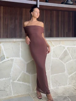 Darcey Off Shoulder Maxi Dress - Brown