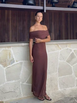 Darcey Off Shoulder Maxi Dress - Brown