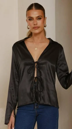 Darielle Tie Front Long Sleeve Top - Black