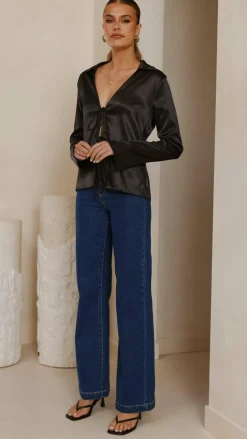 Darielle Tie Front Long Sleeve Top - Black