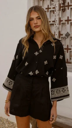 Deni Button Up Shirt - Black/Beige