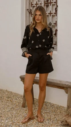 Deni Button Up Shirt - Black/Beige