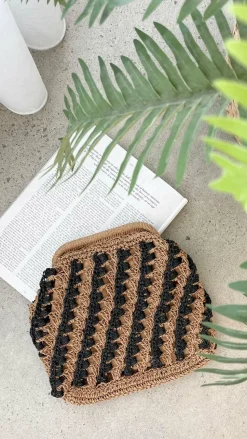 Eadie Crochet Weave Framed Clutch - Black / Natural