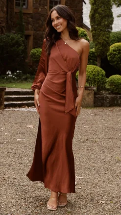 Eden One Shoulder Tie Front Maxi Dress - Rust