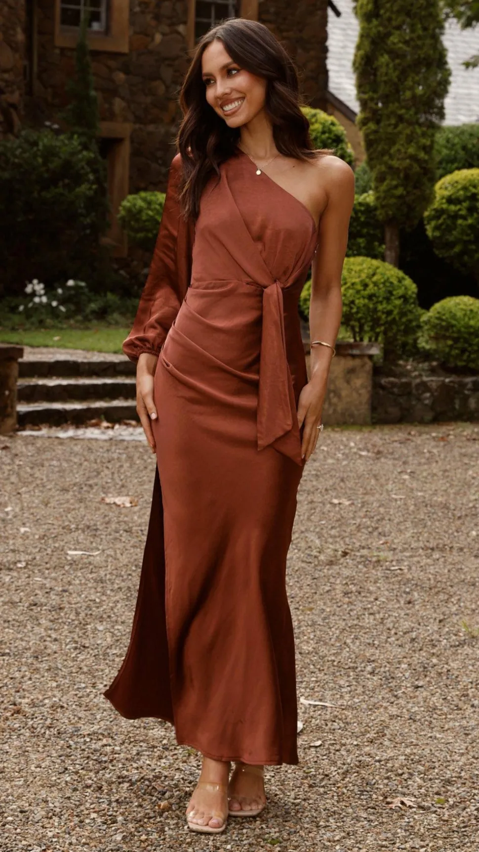 Eden One Shoulder Tie Front Maxi Dress - Rust