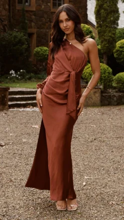 Eden One Shoulder Tie Front Maxi Dress - Rust