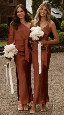 Eden One Shoulder Tie Front Maxi Dress - Rust